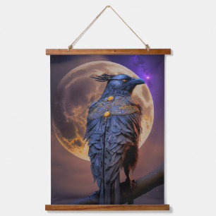 Warrior Raven Crow Jagd durch Mondlicht Wandteppich Mit Holzrahmen