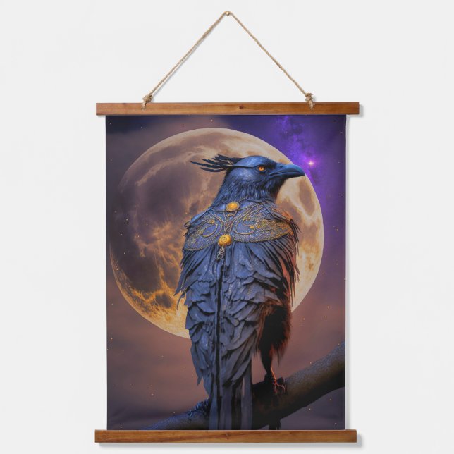 Warrior Raven Crow Jagd durch Mondlicht Wandteppich Mit Holzrahmen (Vorderseite)