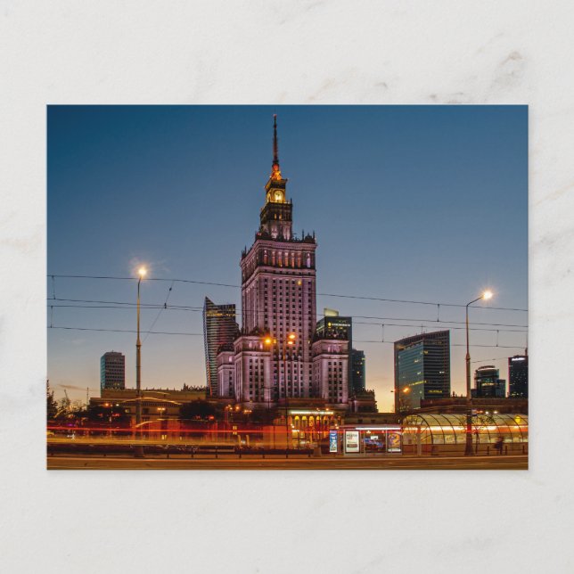 Warschauer Night Cityscape Palast der Kultur Postkarte (Vorderseite)