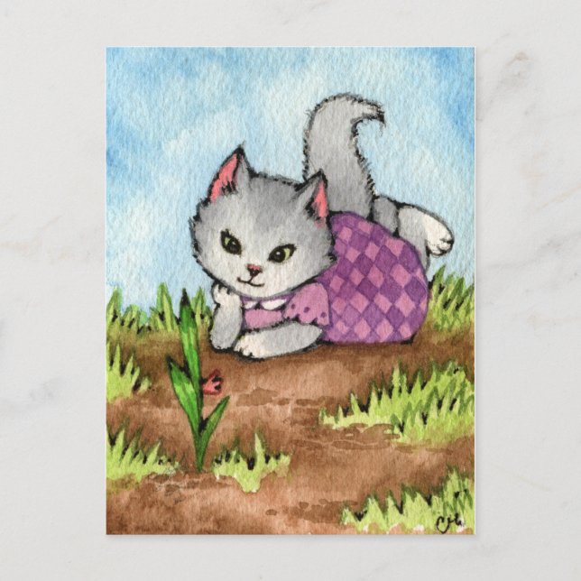 Wart für den Garten zum Wachsen - Niedliche Katze  Postkarte (Vorderseite)