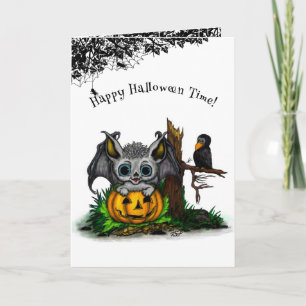 Warten auf Halloween, Süße Fledermaus und Rabe Karte