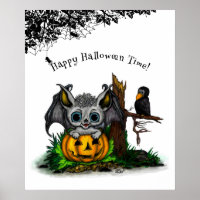Warten auf Halloween, süße Fledermaus und Rabe