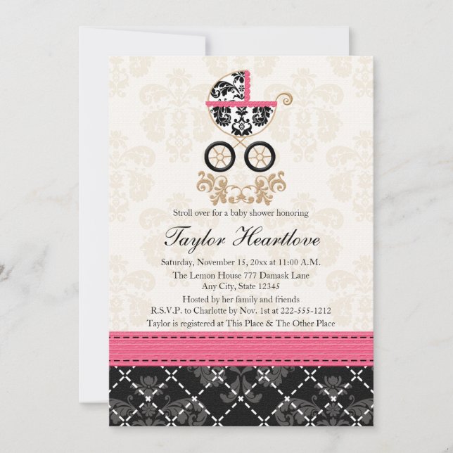 WARTEPINK SCHWARZ DAMASK BABY CARRIAGE BABY SHOWER EINLADUNG (Vorderseite)