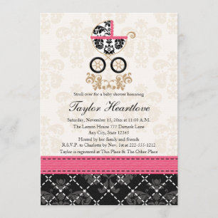 WARTEPINK SCHWARZ DAMASK BABY CARRIAGE BABY SHOWER EINLADUNG