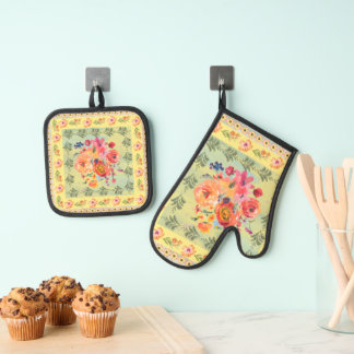 Warum nicht Vintager Stil manchmal Watecolor Blume Ofenhandschuh & Topflappen-Set