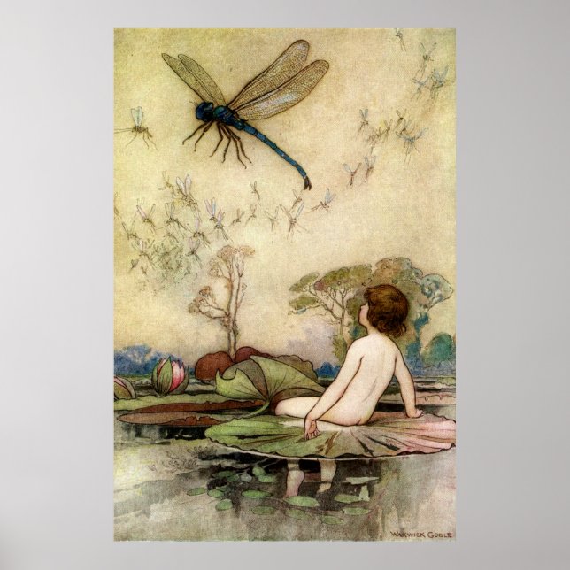 Warwick Goble Waterbaby auf einer Wasserlilie Poster (Vorne)