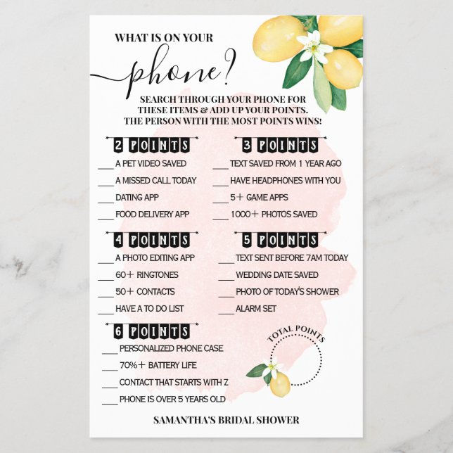 Was auf Ihrem Handy Lemons Pink Shower Game Card Flyer (Vorne)