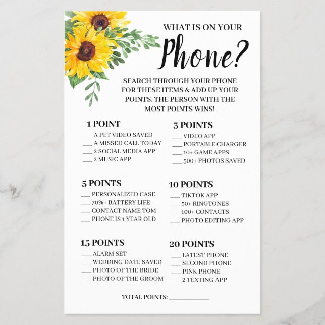 Was auf Ihrem Handy Sonnenblumen Dusche Game Card Flyer (Vorne)