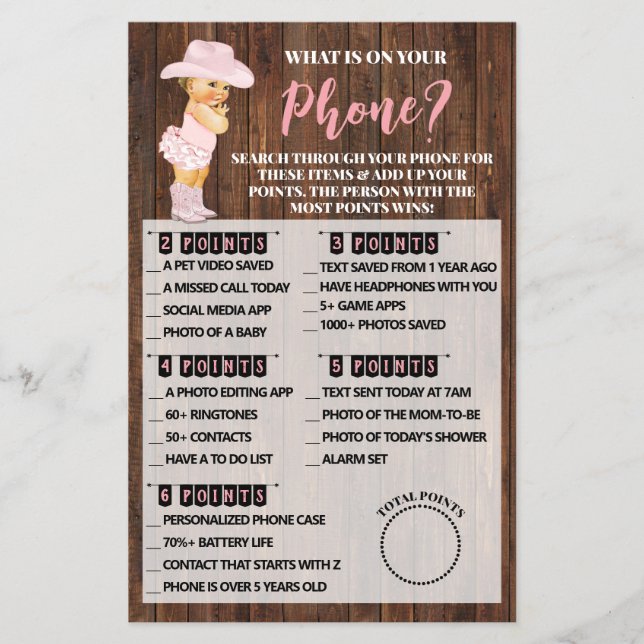 Was auf Ihrer Handy Cowgirl Baby Shower Game Card Flyer (Vorne)