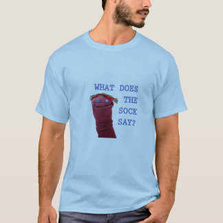 Was die Socke tut, sagen Sie blaues T-Shirt