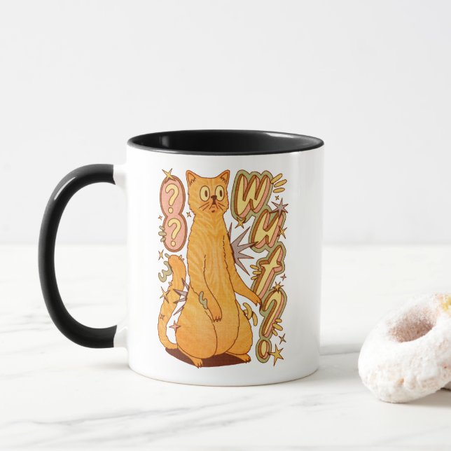 Was? / Eine Orange Cat Illustration Tasse (Mit Donut)