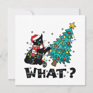 WAS Funny Black Cat Santa Pushing Weihnachtsbaum Einladung