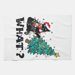 WAS Funny Black Cat Santa Pushing Weihnachtsbaum Geschirrtuch