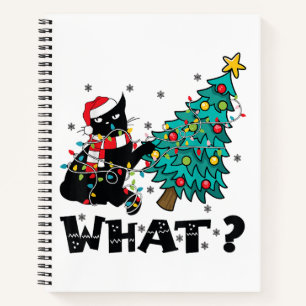 WAS Funny Black Cat Santa Pushing Weihnachtsbaum Notizbuch