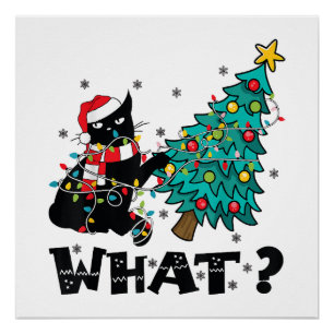 WAS Funny Black Cat Santa Pushing Weihnachtsbaum Poster