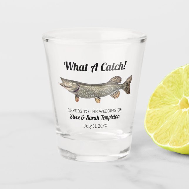 Was für ein Fisch Pike Hochzeit Datum Gefälligkeit Schnapsglas (Vorderseite)