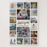 Was für ein Jahr Foto Collage White & Gold Weihnac<br><div class="desc">Was für ein Jahr zu erinnern! Feiern Sie mit einem einzigartigen und unterhaltsamen Foto-Collage Holiday Puzzle die schlichten Familienfreuden. Wenn Sie einen Hintergrund oder Text in anderen Farben als weiß, schwarz und gold bevorzugen, lesen Sie die folgenden Anweisungen. Das Design besticht durch elegante handgeschriebene Schrift-Kalligraphie, moderne Typografie, Familienname und Jahr...</div>