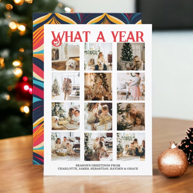 Was für ein Jahr Foto Weihnachten Personalisiert (What a Year Photo Christmas Personalized Holiday Cards from Ricao. Retro color back. add own photos)