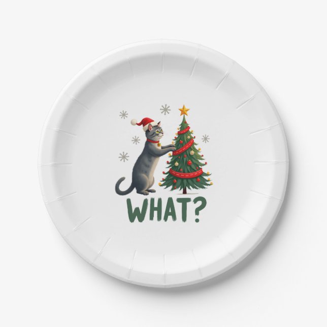 Was für eine lustige Katze, die den Weihnachtsbaum Pappteller (Vorderseite)