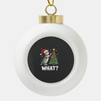 Was für eine lustige Katze schiebt den Weihnachtsb Keramik Kugel-Ornament