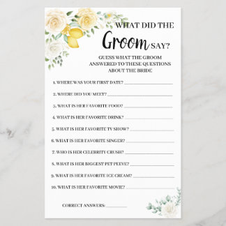 Was Groom sagt Lemon&Rose Brautparty Game Card Flyer