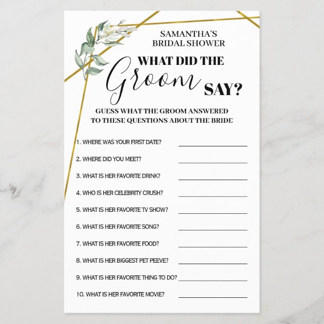 Was hat Groom Say Greenery Gold Shower Spielkarte  Flyer (Vorne)