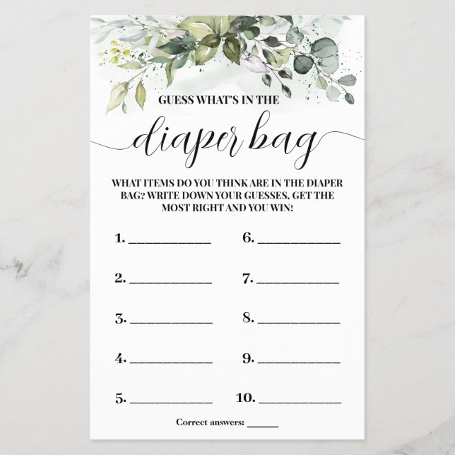 Was in der Windelbeutel-Greenery Baby Shower Game  Flyer (Vorne)