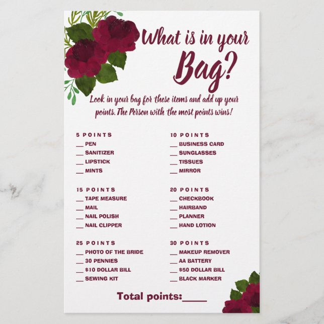 Was in Ihrer Bag Shower Game Card Red Blume Flyer (Vorne)