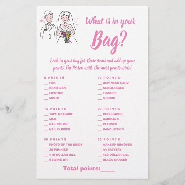 Was in Ihrer Bag Shower Game Card Rosa Liebe ist Flyer (Vorne)