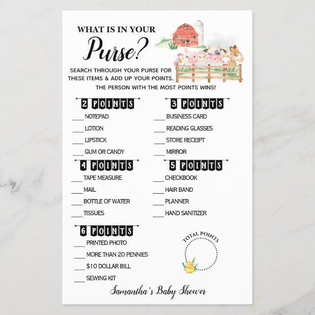 Was in Ihrer Purpur Farm Baby Shower Game Card ist Flyer (Vorne)