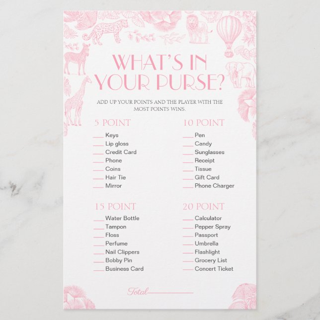 Was in Ihrer Purse Baby Shower Game Card (Vorderseite)