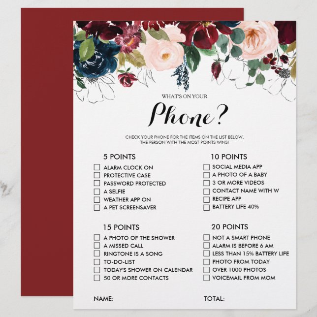 Was ist auf deinem Handy Floral Brautparty Game? (Vorne/Hinten)
