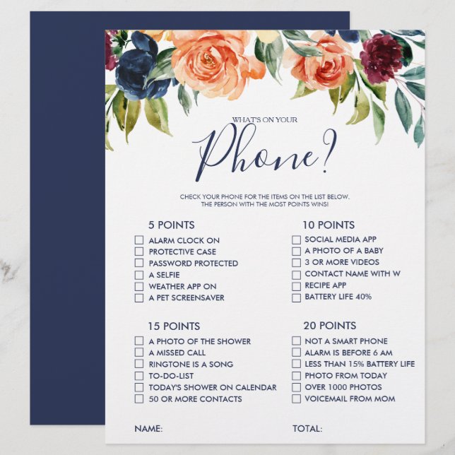 Was ist auf deinem Handy Floral Brautparty Game? (Vorne/Hinten)