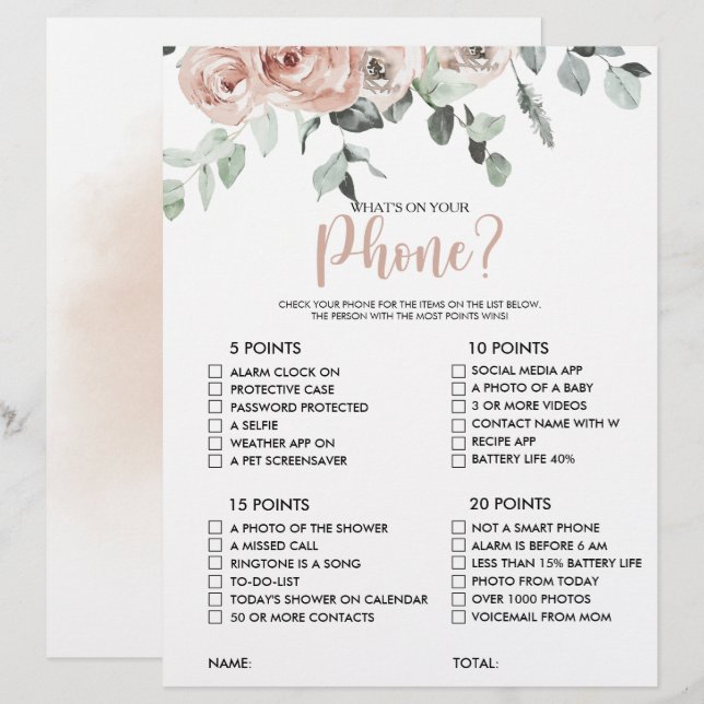 Was ist auf deinem Handy Pink Rose Brautparty Game (Vorne/Hinten)