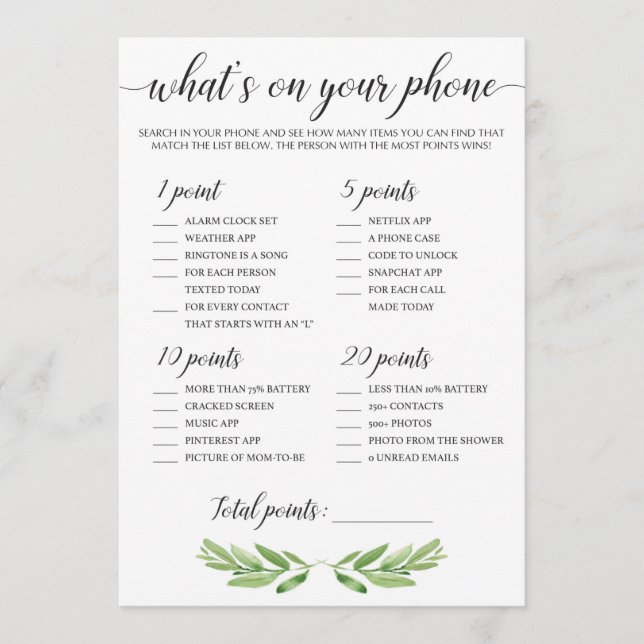 Was ist auf Ihrem Handy Baby Shower Game Green Blä (Vorderseite)