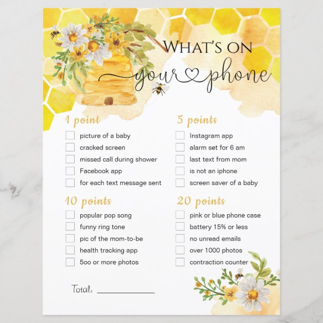 Was ist auf Ihrem Handy Bee Themed Baby Shower Gam (Vorderseite)