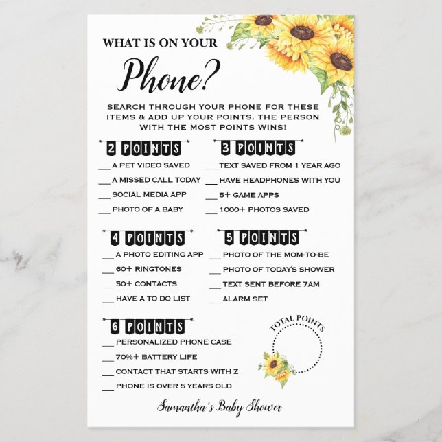 Was ist auf Ihrer Phone Baby Shower Game Card? Flyer (Vorne)