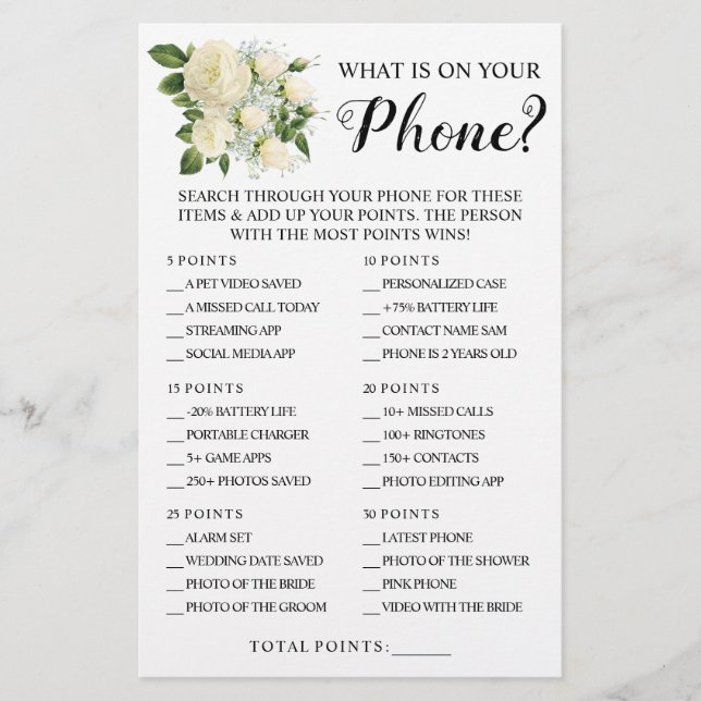 Was ist auf Ihrer Phone Brautparty Game Card? Flyer (Vorne)