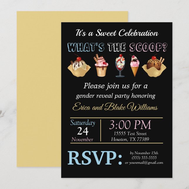Was ist die "Scoop Gender Reveal Invitation" Einladung (Vorne/Hinten)