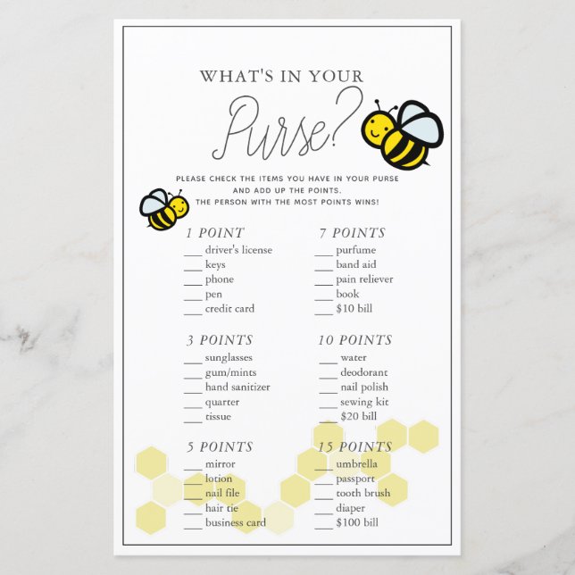 Was ist in deinem Purse Bee White Baby Shower Game (Vorderseite)
