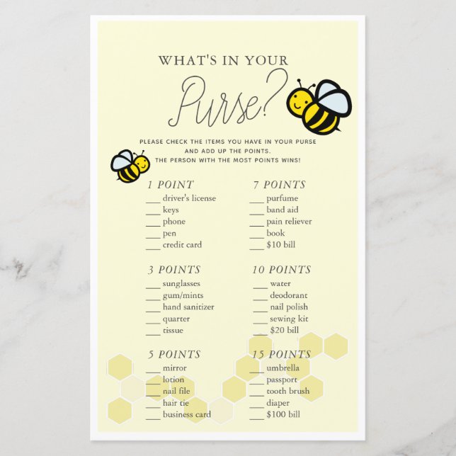 Was ist in deinem Purse Bee Yellow Baby Shower Gam (Vorderseite)