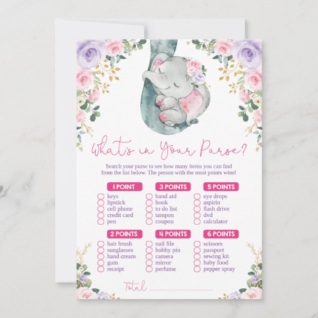 Was ist in deinem Purse Elephant Baby Shower Game? Einladung (Vorderseite)