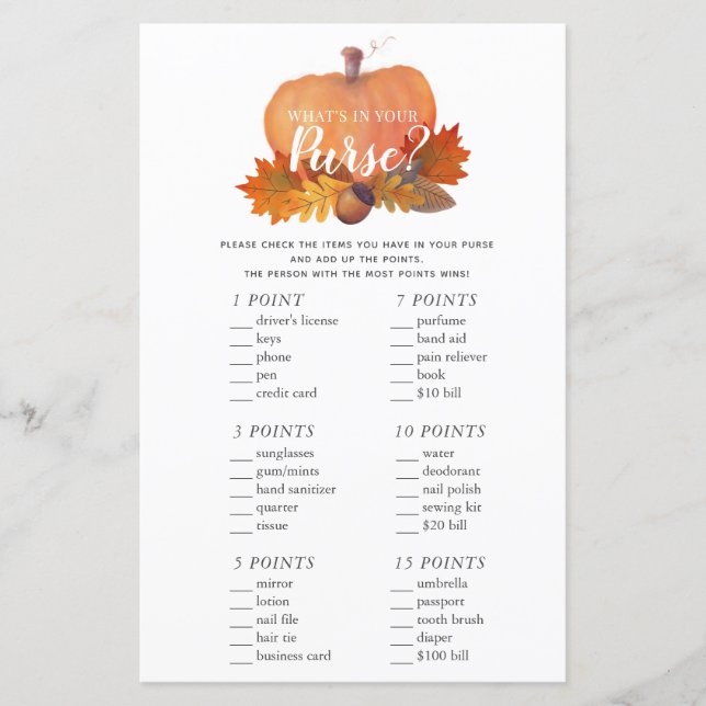 Was ist in deinem Purse Pumpkin Baby Shower Game? (Vorderseite)