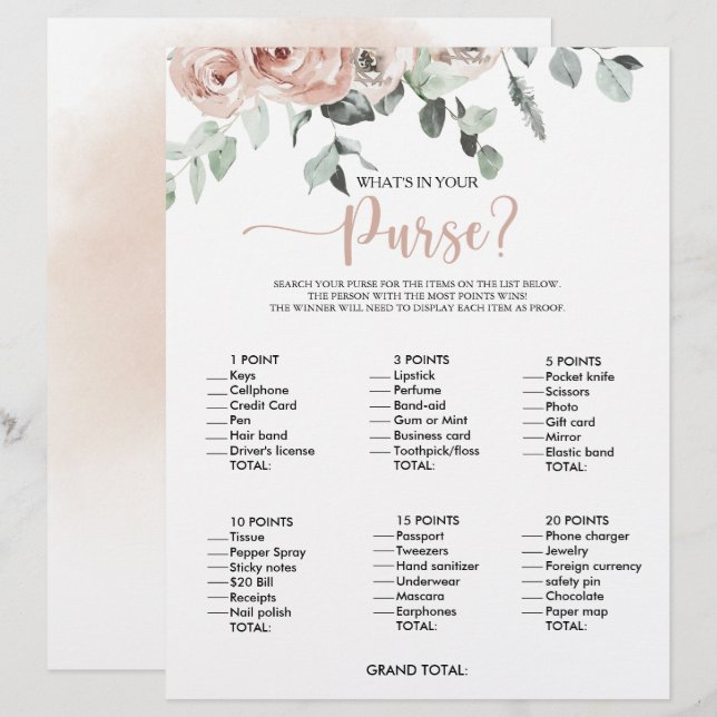 Was ist in deinem Purse Rose Brautparty Game? (Vorne/Hinten)