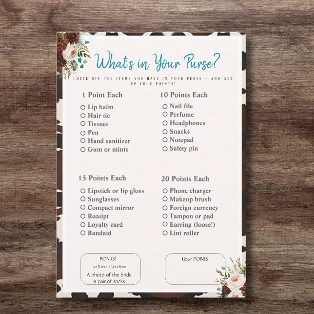 Was ist in deiner Geldbörse? Brautparty Boho Game Einladung (What’s in Your Purse? Bridal Shower boho Game)