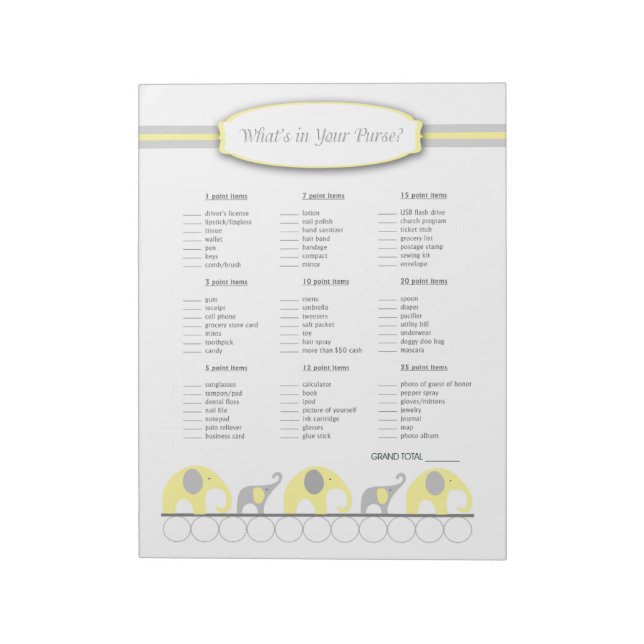 Was ist in deiner Handtasche Elephant Baby Shower  Notizblock (Rotiert)