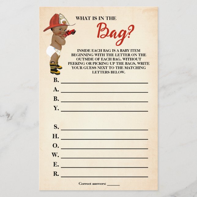 Was ist in den Bag OM Firefighter Baby Shower Game Flyer (Vorne)