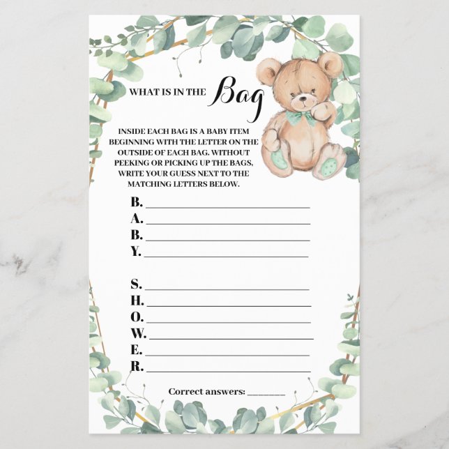 Was ist in der Bag Bear Baby Shower Game Card? Flyer (Vorne)