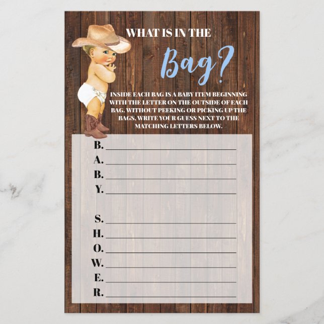 Was ist in der Bag Cowboy Baby Shower Game Karte? Flyer (Vorne)