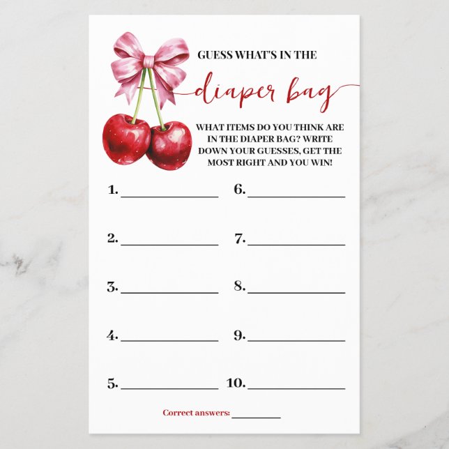 Was ist in der Windeln Bag Cherry Baby Shower Game Flyer (Vorne)